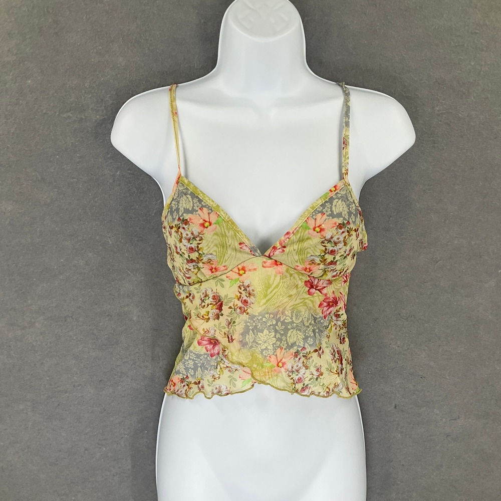Shein Cami Tank Top Yellow Floral Print Mesh Ruffle Lettuce Hem Babydoll Retro
